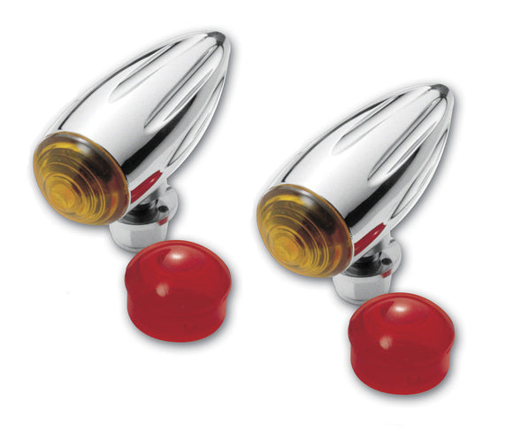 Pair chrome bullet marker lights (ball-milled) with amber lenses for Harley-Davidson & metric cruisers #400360