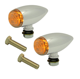 Pair of #400370 chrome bullet LED turn signal marker lights with clear lenses, amber LEDs and mounting bolts for Harley-Davidson and metric cruisers
