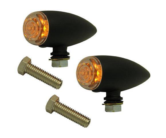 Matte black bullet LED turn signal pair with clear lenses, amber LEDs, and mounting bolts for Harley-Davidson and metric cruisers