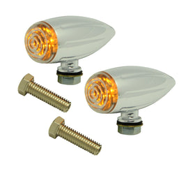 Pair of ball-milled chrome bullet LED turn signals (400380) with clear lenses and amber LEDs, mounting bolts included, fits Harley-Davidson and metric cruisers