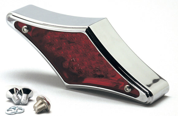 Diamond-style chrome LED taillight for Harley-Davidson and metric cruisers with red lens, built-in white license plate light and included mounting screws