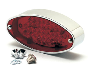 Oval LED taillight (400450) for Harley-Davidson and metric cruisers, chrome housing with red lens, built-in white license plate LEDs and mounting screws included