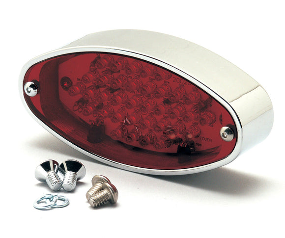 Oval LED taillight (400450) for Harley-Davidson and metric cruisers, chrome housing with red lens, built-in white license plate LEDs and mounting screws included