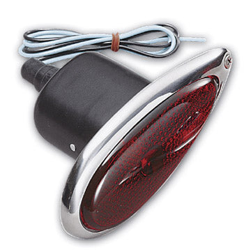 400749 teardrop taillight for Harley-Davidson and metric cruisers, red lens with chrome bezel, black housing, dual-circuit stop/taillight