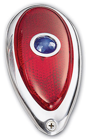 Teardrop motorcycle taillight for Harley-Davidson and metric cruisers with chrome bezel, red lens and blue center dot