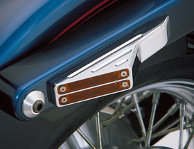 Viper turn signal #400810 side-mount amber lenses with chrome trim installed on blue Harley-Davidson cruiser rear fender