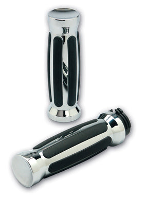 Pair of Pro-One chrome thick rubber grips for Harley-Davidson cable throttles