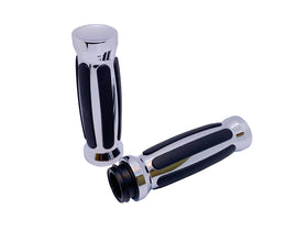 Pair of Pro-One chrome motorcycle grips with thick black rubber inlays — straight, heavy-duty grips for Harley-Davidson throttle-by-wire