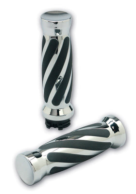 Pro-One Performance chrome twisted rubber thick grips with black inlays, pair for Harley‑Davidson cable throttles