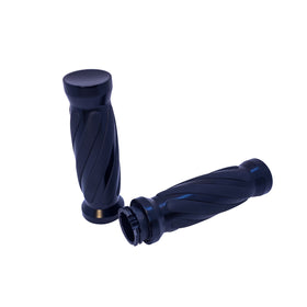 Pair of black Pro-One twisted rubber thick motorcycle grips for Harley-Davidson cable throttles, one showing internal cable throttle sleeve