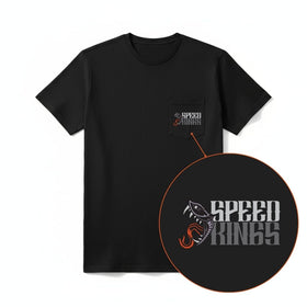 Black t-shirt with 'Speed Kings' logo on a white background
