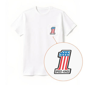 White t-shirt with Speed-Kings logo on a white background