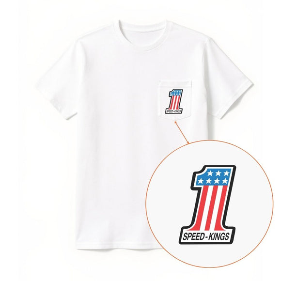 White t-shirt with Speed-Kings logo on a white background