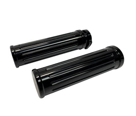 Pair of black billet aluminum ball-milled motorcycle handlebar grips, smooth end, fluted design — fits Harley-Davidson 1973+ (excludes 2008+ electronic throttle)