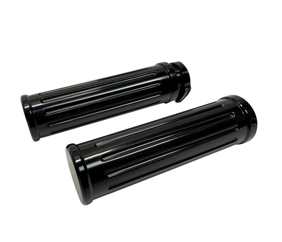 Pair of black billet aluminum ball-milled motorcycle handlebar grips, smooth end, fluted design — fits Harley-Davidson 1973+ (excludes 2008+ electronic throttle)