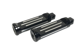 Pair of Pro-One black billet adjustable 5-3/4 inch motorcycle foot pegs for Harley-Davidson (fits models up to 2017), machined aluminum with silver slotted grooves