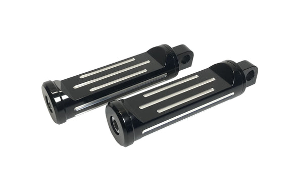 Pair of Pro-One black billet adjustable 5-3/4 inch motorcycle foot pegs for Harley-Davidson (fits models up to 2017), machined aluminum with silver slotted grooves