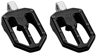 Pair of black Pro Peg Series Moto V1 billet aluminum foot pegs, CNC-machined with BMX traction pins and adjustable clevis mounts