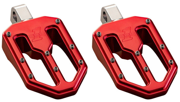 Pair of red anodized Pro Peg Moto V1 billet motorcycle foot pegs, CNC machined with traction pins, fits 1984+ Harley FXR/Dyna/Sportster