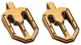Pair of Pro Peg Series Moto V1 billet motorcycle foot pegs in titanium nitride gold with traction pins