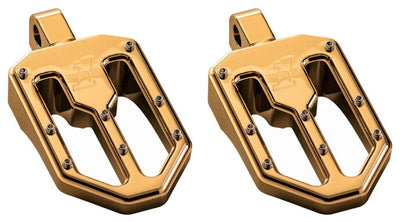 Pair of Pro Peg Series Moto V1 billet motorcycle foot pegs in titanium nitride gold with traction pins