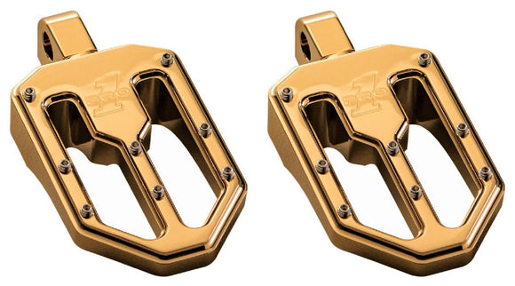 Pair of Pro Peg Series Moto V1 billet motorcycle foot pegs in titanium nitride gold with traction pins