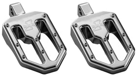 Pair of Pro Peg Series Moto V1 chrome billet aluminum motorcycle foot pegs with BMX-style traction pins and adjustable clevis mounts