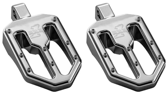 Pair of Pro Peg Series Moto V1 chrome billet aluminum motorcycle foot pegs with BMX-style traction pins and adjustable clevis mounts