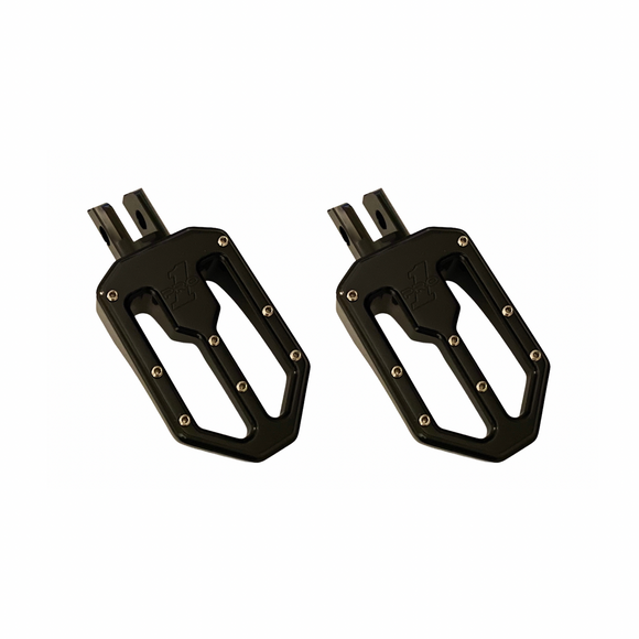 Pair of black CNC‑machined billet aluminum Pro Peg MOTO V2 motorcycle foot pegs with BMX-style traction pins for M8 Softail rider mount