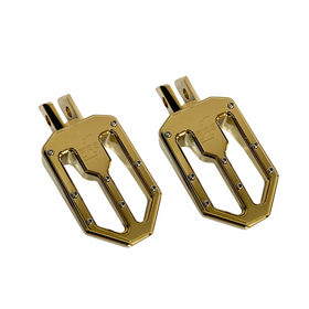 Pair of gold TIN Pro Peg Moto V2 billet motorcycle foot pegs for M8 Softail (2018+ rider position) with traction pins