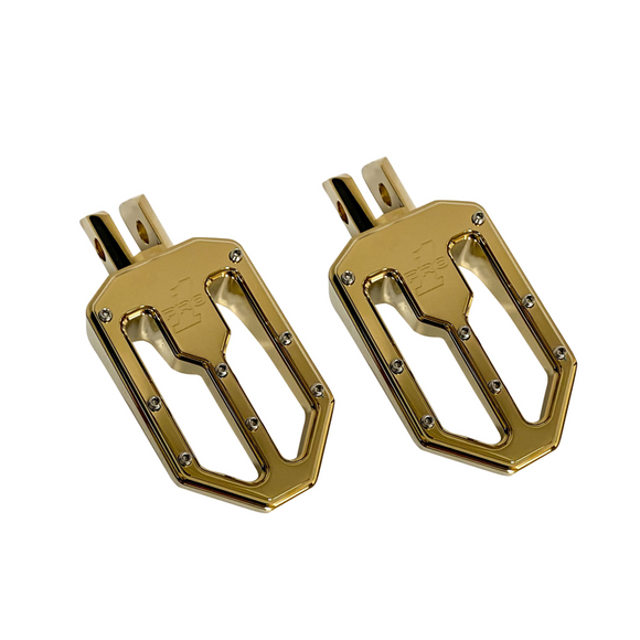 Pair of gold TIN Pro Peg Moto V2 billet motorcycle foot pegs for M8 Softail (2018+ rider position) with traction pins