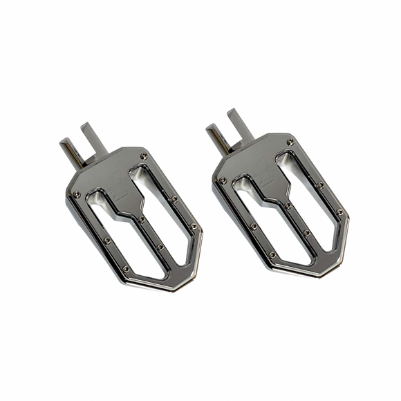 Pair of chrome Pro Peg Series MOTO V2 billet aluminum foot pegs for 2018+ M8 Softail rider position