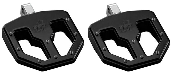 Pair of black billet aluminum Pro Peg Series BMX V1 motorcycle foot pegs with traction pins and male clevis mounts