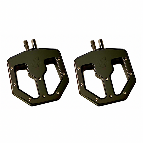 Pair of black CNC‑machined 6061 billet Pro Peg Series BMX V2 foot pegs with BMX traction pins, M8 Softail rider position fit (2018–current)