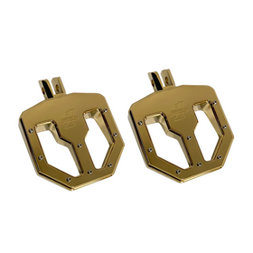 Pair of Pro Peg Series BMX V2 billet aluminum foot pegs, gold titanium nitride finish, fits 2018+ M8 Softail