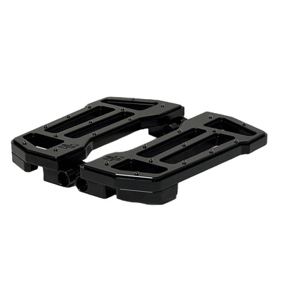 Pair of Pro Board V2 10-inch black anodized billet aluminum motorcycle floorboards, CNC-machined with set-screw traction pins and replaceable scrape pads