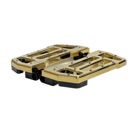 Pro Board V2 10-inch billet aluminum motorcycle floorboards, gold titanium nitride coated, CNC-machined with traction pins