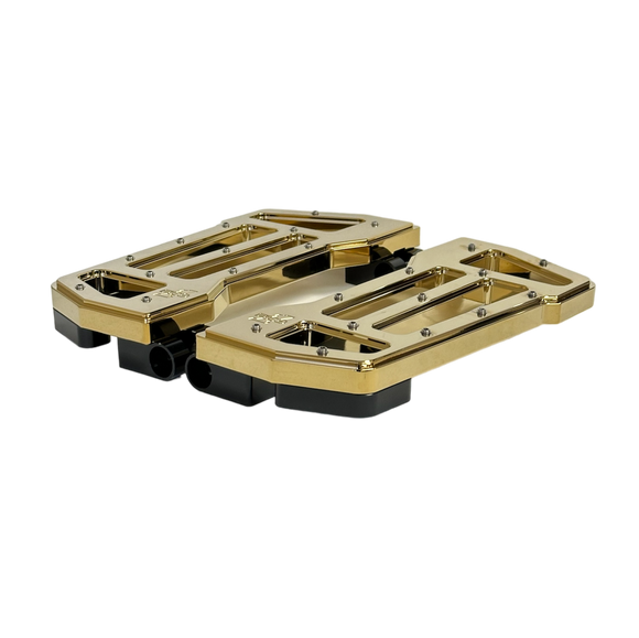 Pro Board V2 10-inch billet aluminum motorcycle floorboards, gold titanium nitride coated, CNC-machined with traction pins