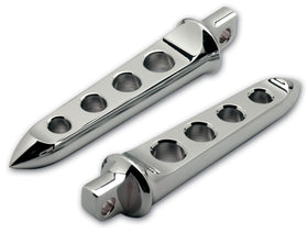 Pair of Scimitar chrome billet aluminum footpegs with drilled holes, 6-3/4-inch fit for Harley‑Davidson (male mount)