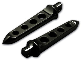Pair of black billet aluminum Scimitar motorcycle footpegs with three holes, 6-3/4 in, for Harley-Davidson