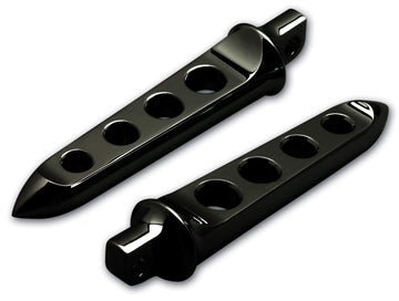 Pair of black billet aluminum Scimitar motorcycle footpegs with three holes, 6-3/4 in, for Harley-Davidson