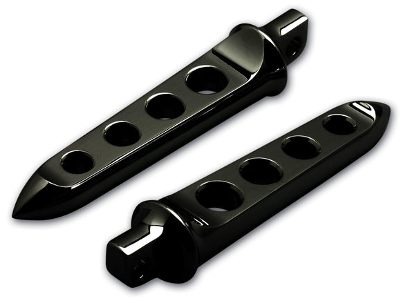 Pair of black billet aluminum Scimitar motorcycle footpegs with three holes, 6-3/4 in, for Harley-Davidson