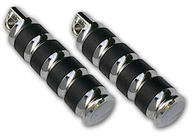 Pair of chrome billet aluminum motorcycle footpegs with black rubber band inserts for Harley‑Davidson, 5.5-inch