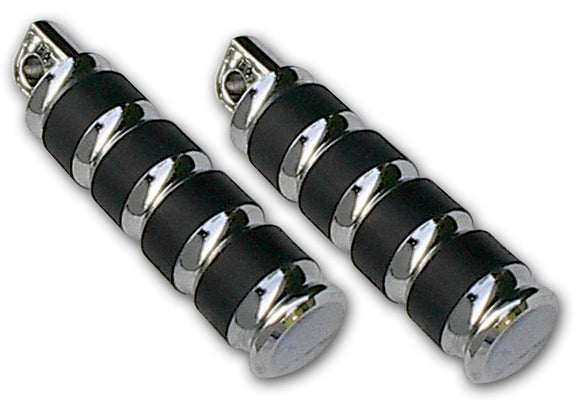 Pair of chrome billet aluminum motorcycle footpegs with black rubber band inserts for Harley‑Davidson, 5.5-inch