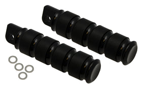 Pair of Pro-One black billet aluminum rubber-band style footpegs for Harley-Davidson motorcycles with mounting washers