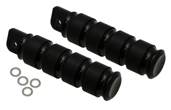 Pair of Pro-One black billet aluminum rubber-band style footpegs for Harley-Davidson motorcycles with mounting washers