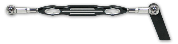 506020B black ball-milled CNC billet aluminum shift linkage, 11-3/4" eye-to-eye, polished stainless rod ends and chrome cone nuts