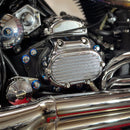 Bamco ARP stainless steel bolts with blue-plated heads on Harley-Davidson 5-speed transmission chrome cover