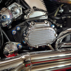 Bamco ARP stainless steel bolts with blue-plated heads on Harley-Davidson 5-speed transmission chrome cover
