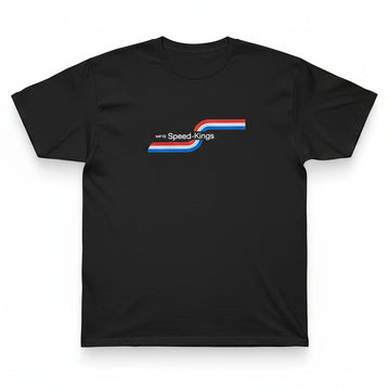 Black t-shirt with amf style speed-kings logo on a white background